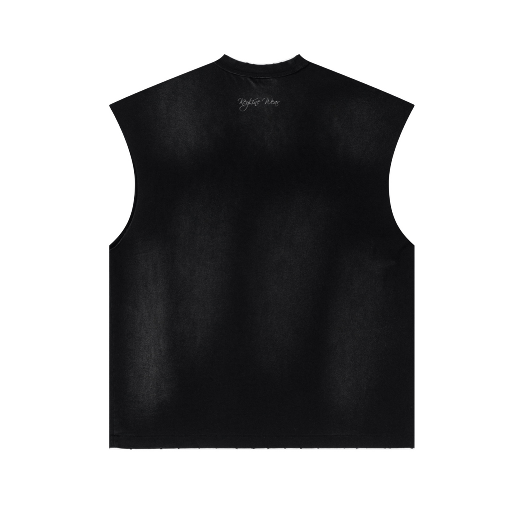 285GSM Unisex Monkey-Wash PP Spray Distressed Tank Top Vintage Black