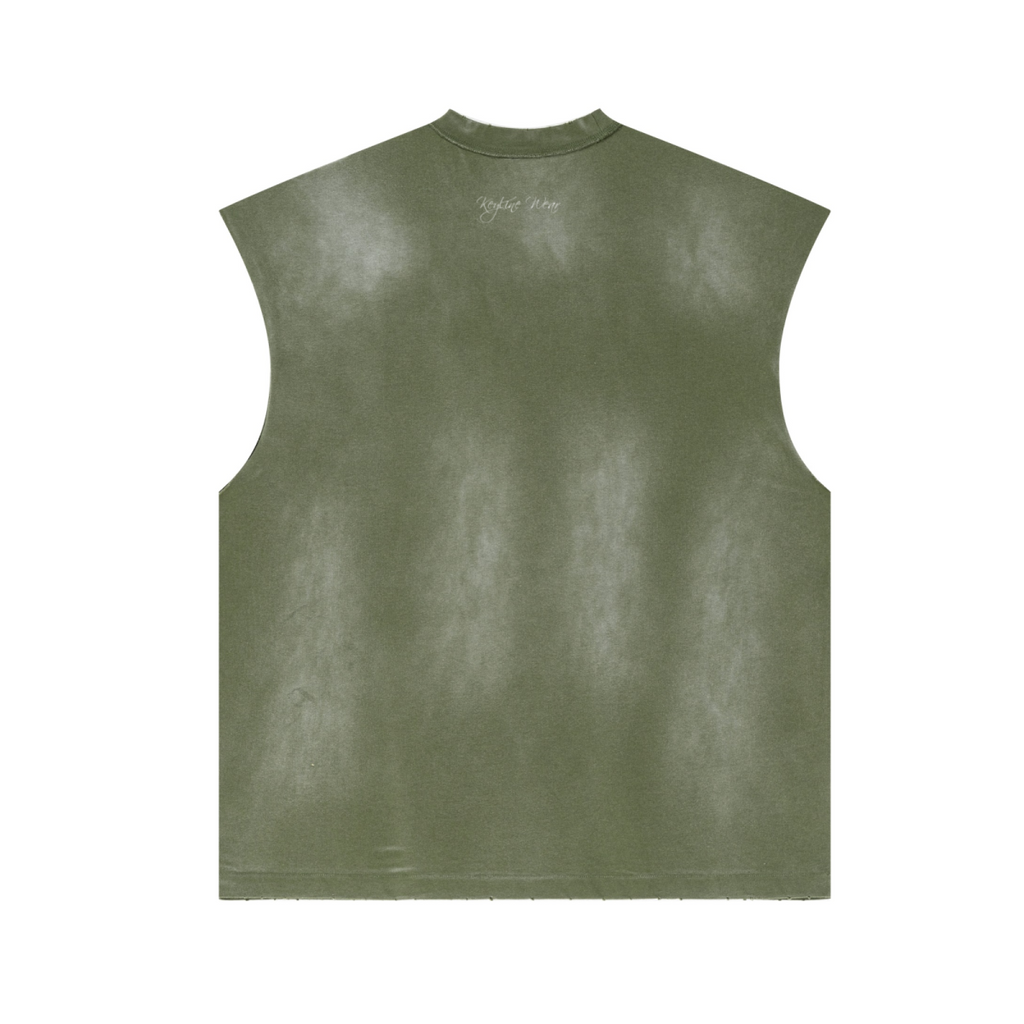 285GSM Unisex Monkey-Wash PP Spray Distressed Tank Top Vintage Military Green