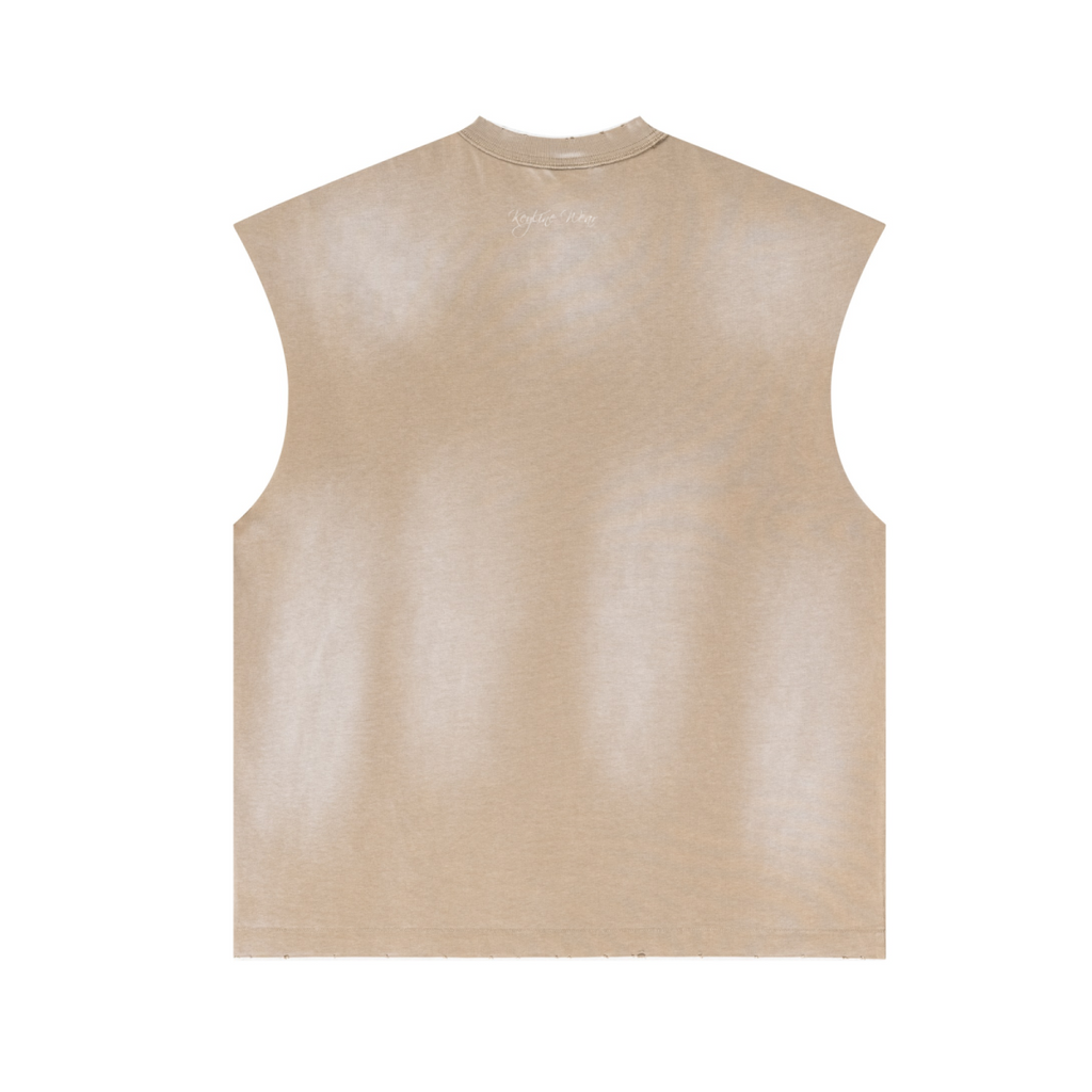 285GSM Unisex Monkey-Wash PP Spray Distressed Tank Top Vintage Khaki